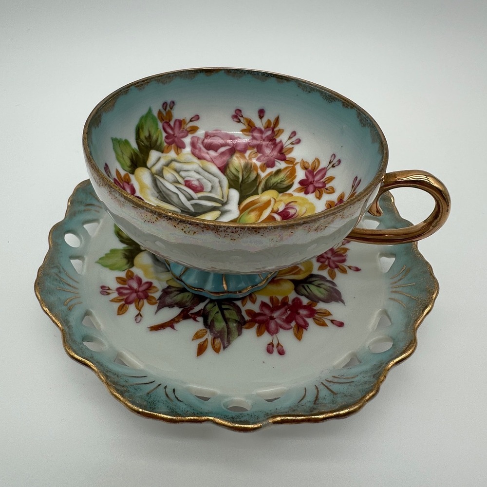 Vintage Floral Porcelain Teacup Saucer Set Reticulated Blue Gold Rose Unmarked